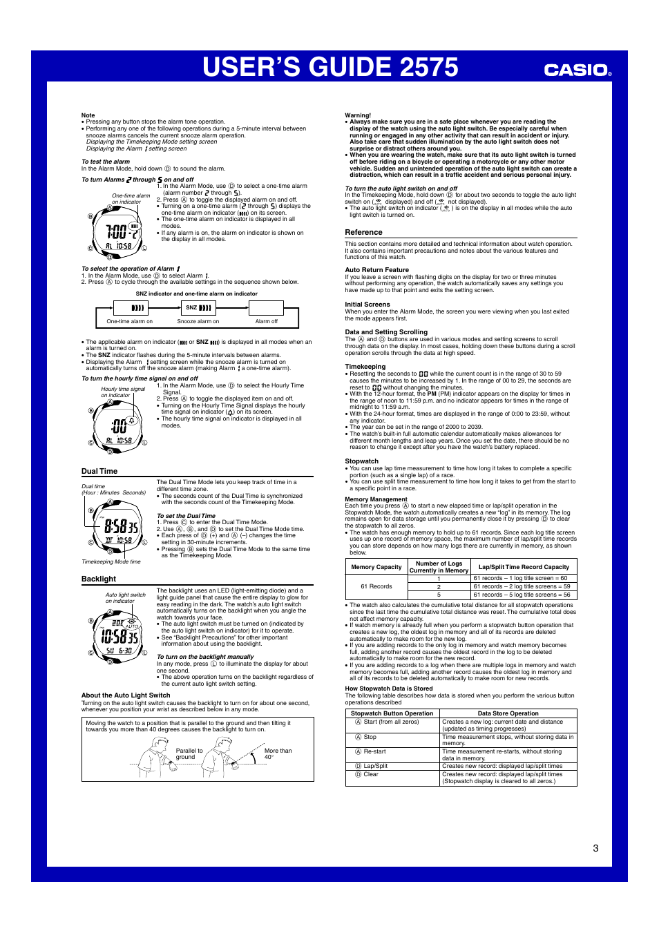 Dual time, Backlight, Reference | User’s guide 2575 | Casio 2575 User Manual | Page 3 / 4