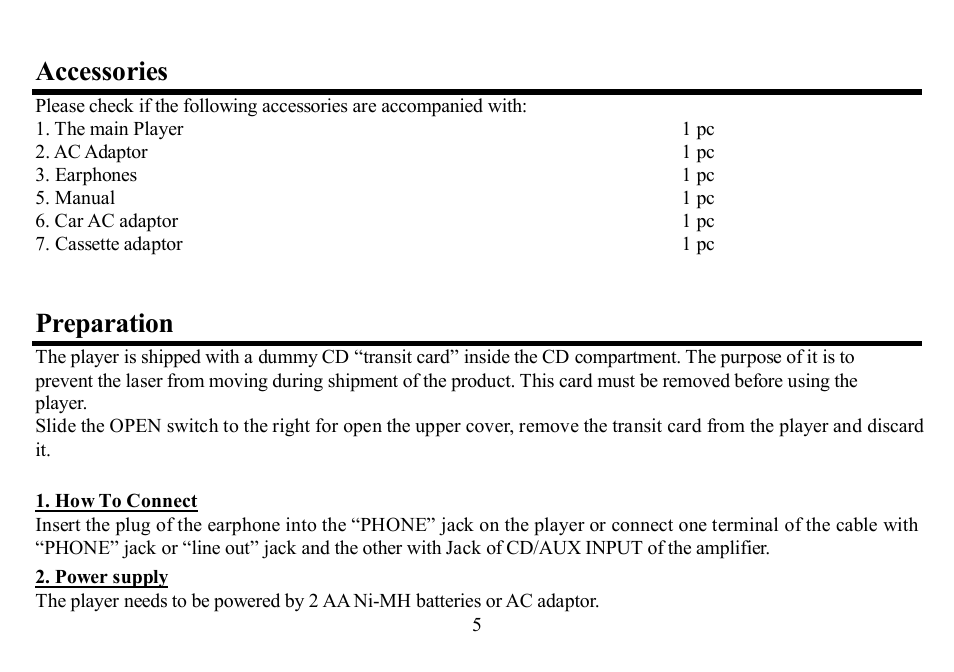 Accessories, Preparation | Hyundai H-CD7001 User Manual | Page 5 / 30