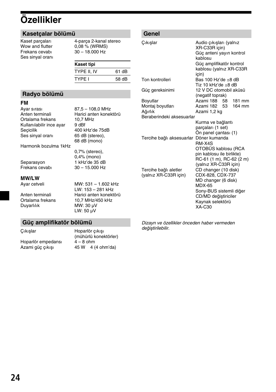 24 özellikler, Kasetçalar bölümü, Radyo bölümü | Güç amplifikatör bölümü, Genel | Sony XR-C33R User Manual | Page 102 / 132