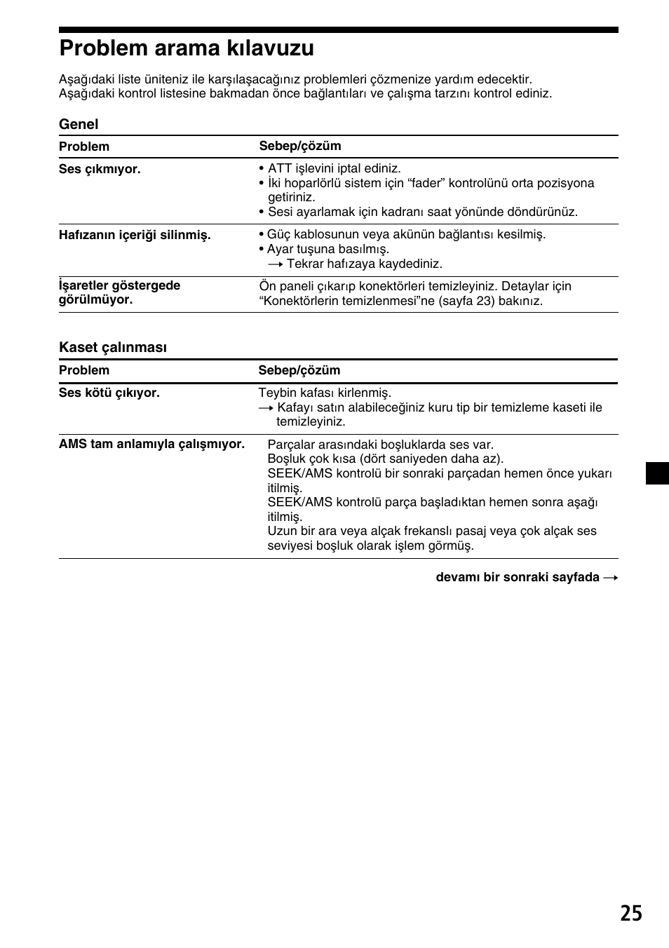 25 problem arama kılavuzu | Sony XR-C33R User Manual | Page 103 / 132