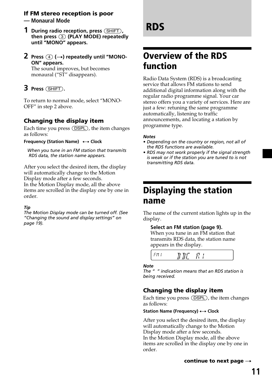 Overview of the rds function, Displaying the station name | Sony XR-C33R User Manual | Page 11 / 132