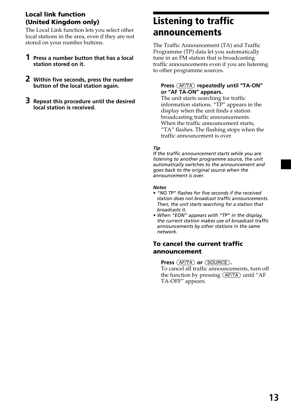 Listening to traffic announcements | Sony XR-C33R User Manual | Page 13 / 132