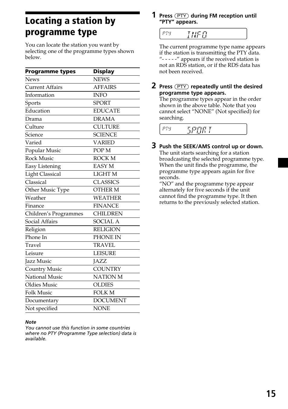 Locating a station by programme type | Sony XR-C33R User Manual | Page 15 / 132
