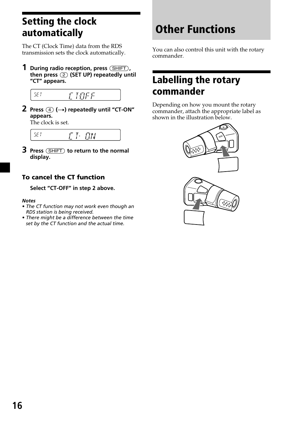 Other functions, Setting the clock automatically, Labelling the rotary commander | Sony XR-C33R User Manual | Page 16 / 132