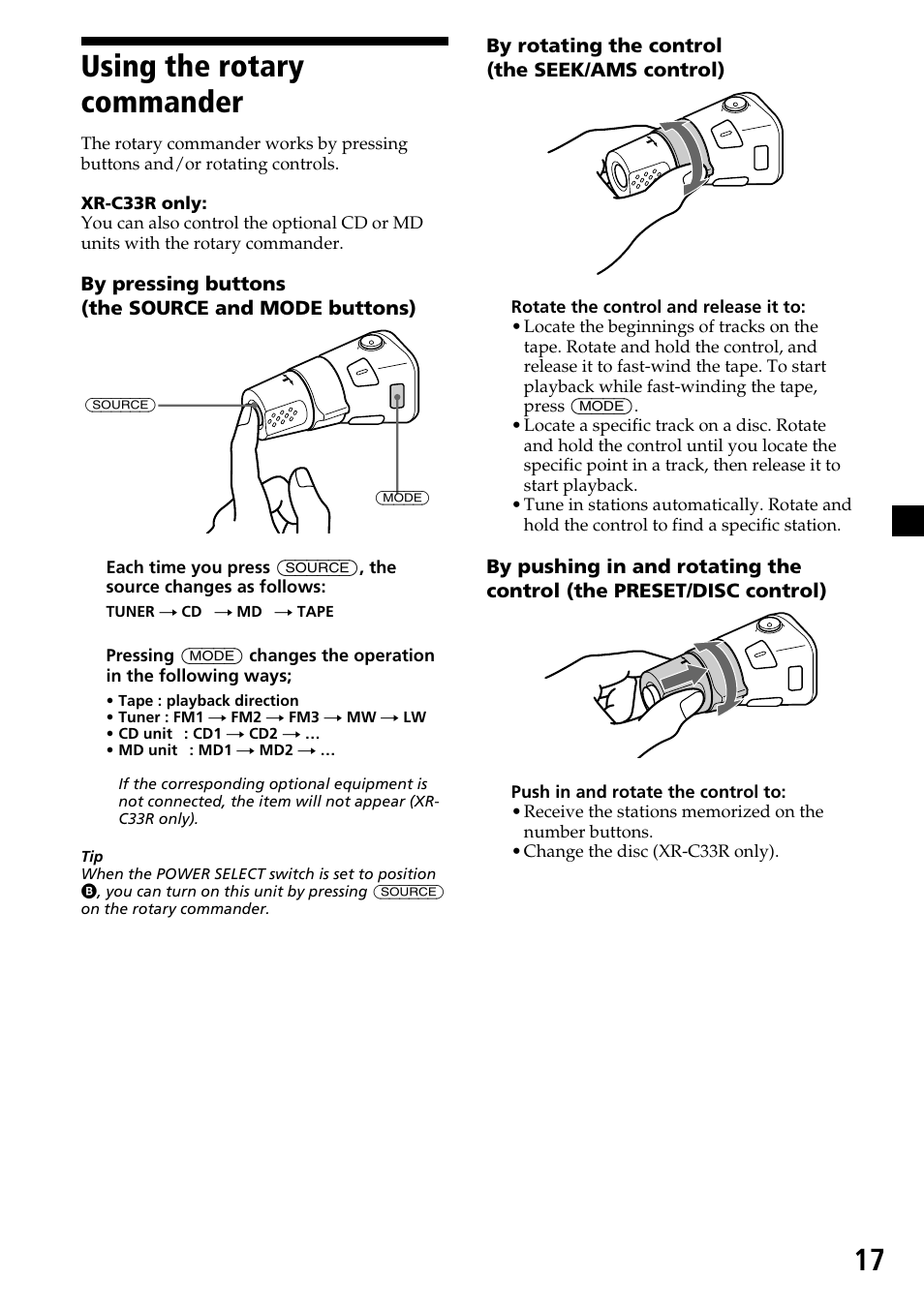 Using the rotary commander | Sony XR-C33R User Manual | Page 17 / 132