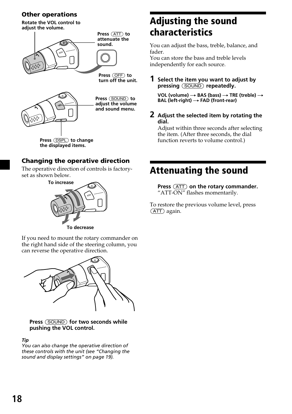 18 adjusting the sound characteristics, Attenuating the sound | Sony XR-C33R User Manual | Page 18 / 132