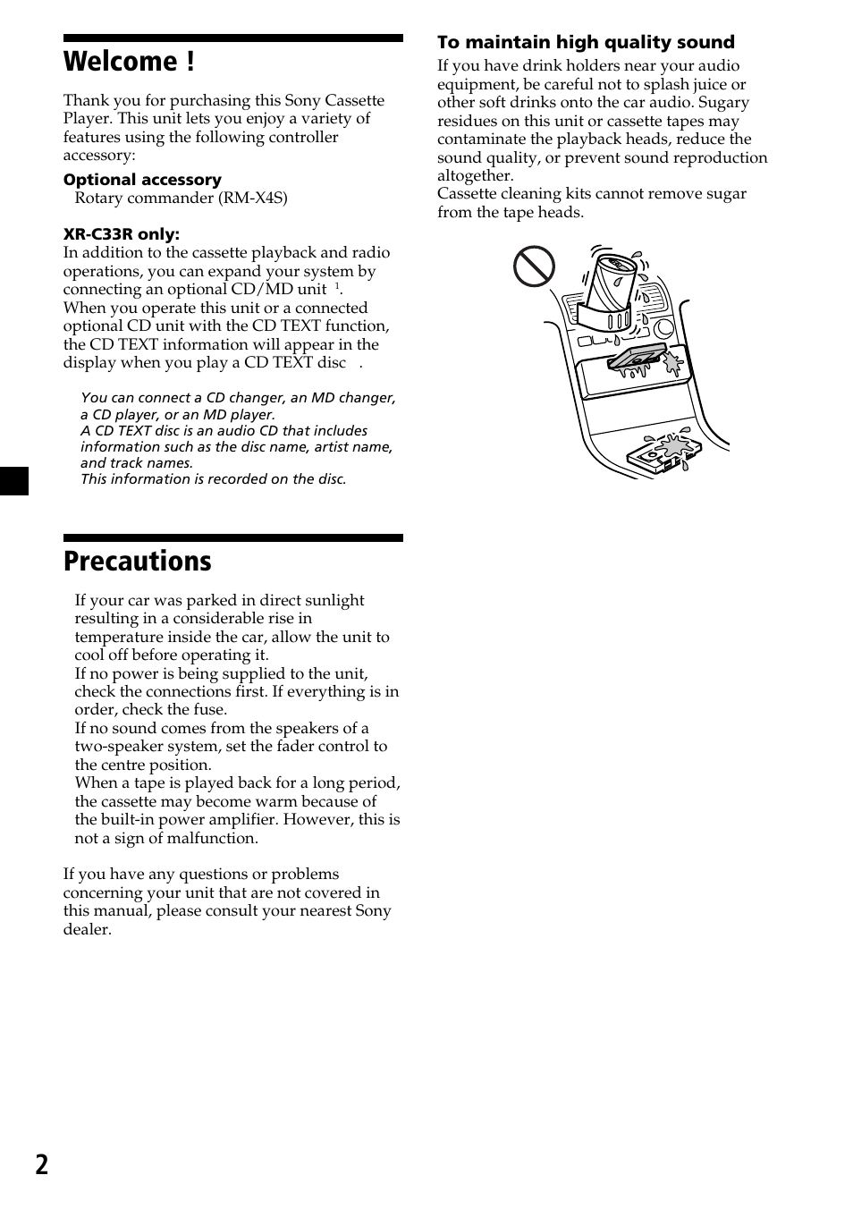 2welcome, Precautions | Sony XR-C33R User Manual | Page 2 / 132
