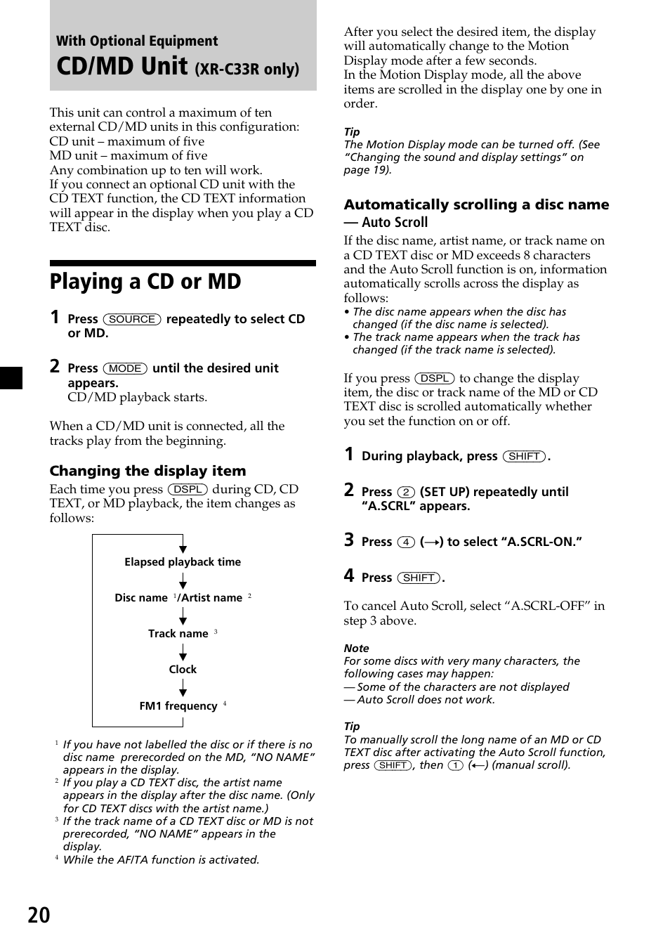 Cd/md unit, Playing a cd or md, Xr-c33r only) | Sony XR-C33R User Manual | Page 20 / 132