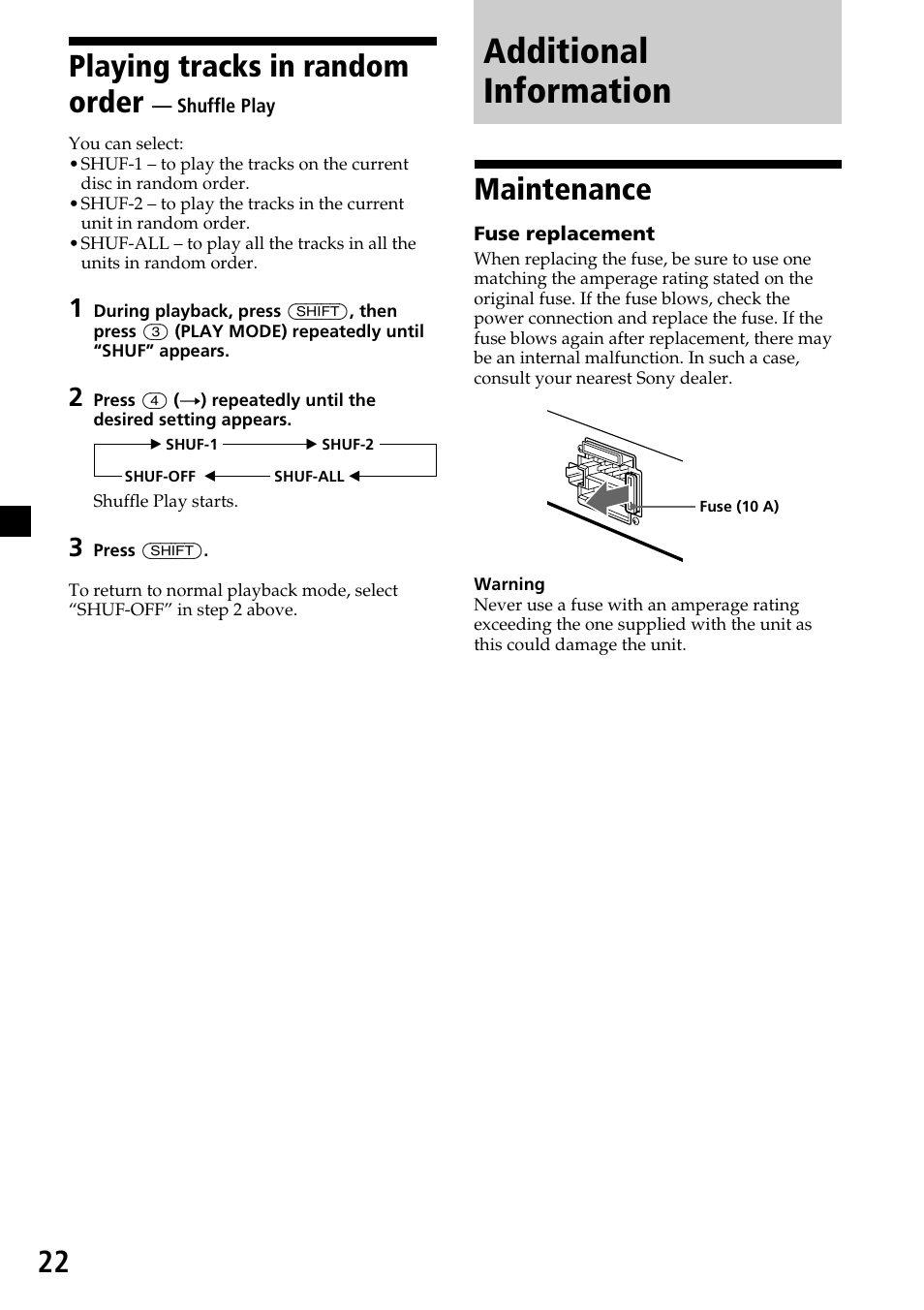 Additional information, Maintenance, Playing tracks in random order | Sony XR-C33R User Manual | Page 22 / 132