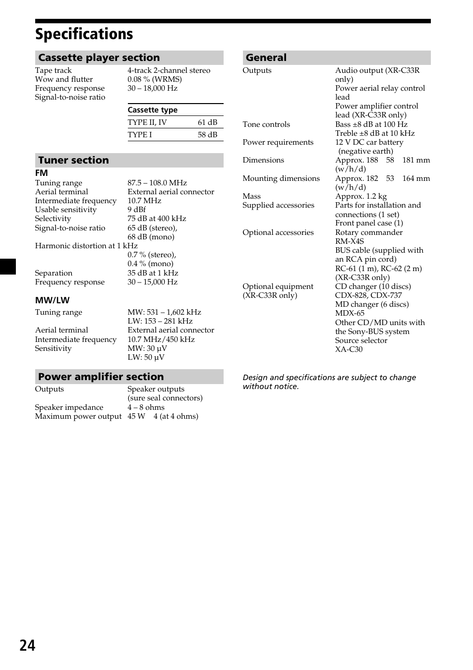 24 specifications, General | Sony XR-C33R User Manual | Page 24 / 132