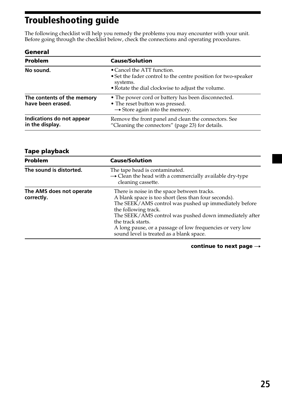 25 troubleshooting guide | Sony XR-C33R User Manual | Page 25 / 132