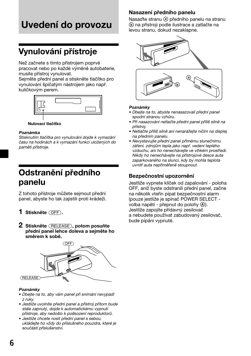 Uvedení do provozu, Vynulování přístroje, Odstranění předního panelu | Sony XR-C33R User Manual | Page 32 / 132