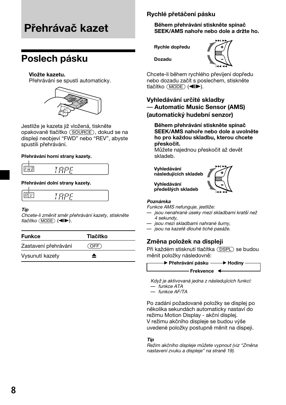 Přehrávač kazet, Poslech pásku | Sony XR-C33R User Manual | Page 34 / 132