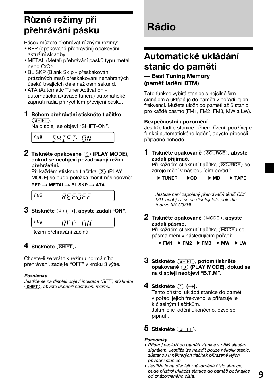 Rádio, 9různé režimy při přehrávání pásku, Automatické ukládání stanic do paměti | Sony XR-C33R User Manual | Page 35 / 132