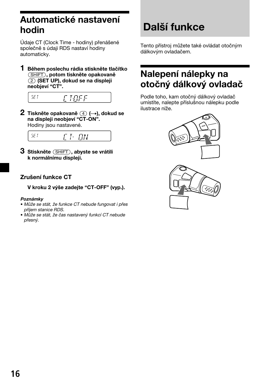 Další funkce, Nalepení nálepky na otočný dálkový ovladač, Automatické nastavení hodin | Sony XR-C33R User Manual | Page 42 / 132