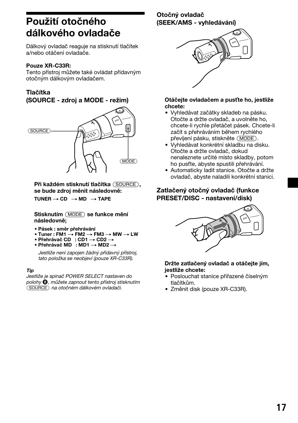 17 použití otočného dálkového ovladače | Sony XR-C33R User Manual | Page 43 / 132