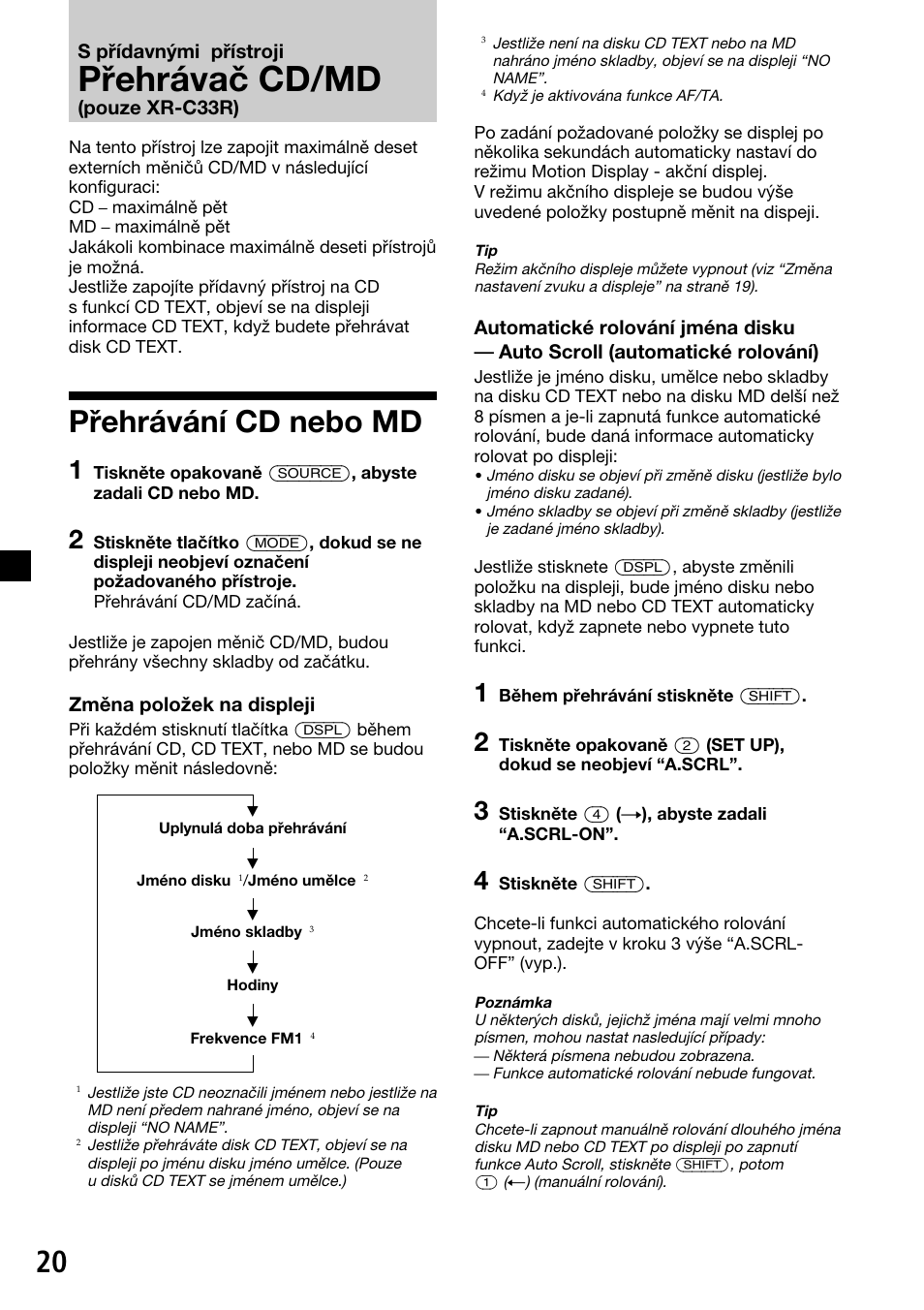 Přehrávač cd/md, Přehrávání cd nebo md | Sony XR-C33R User Manual | Page 46 / 132