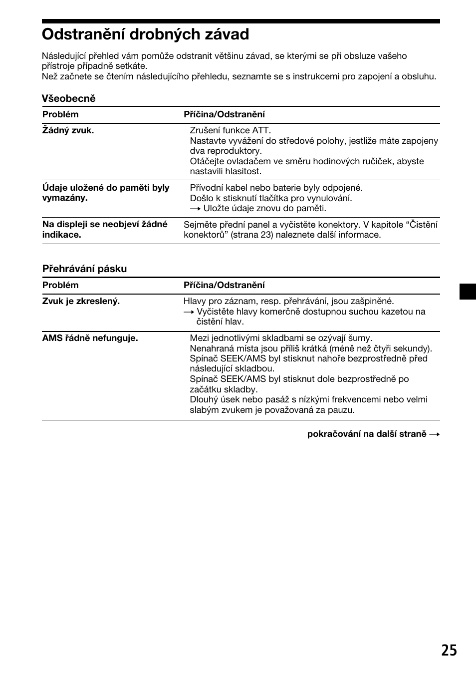 25 odstranění drobných závad | Sony XR-C33R User Manual | Page 51 / 132