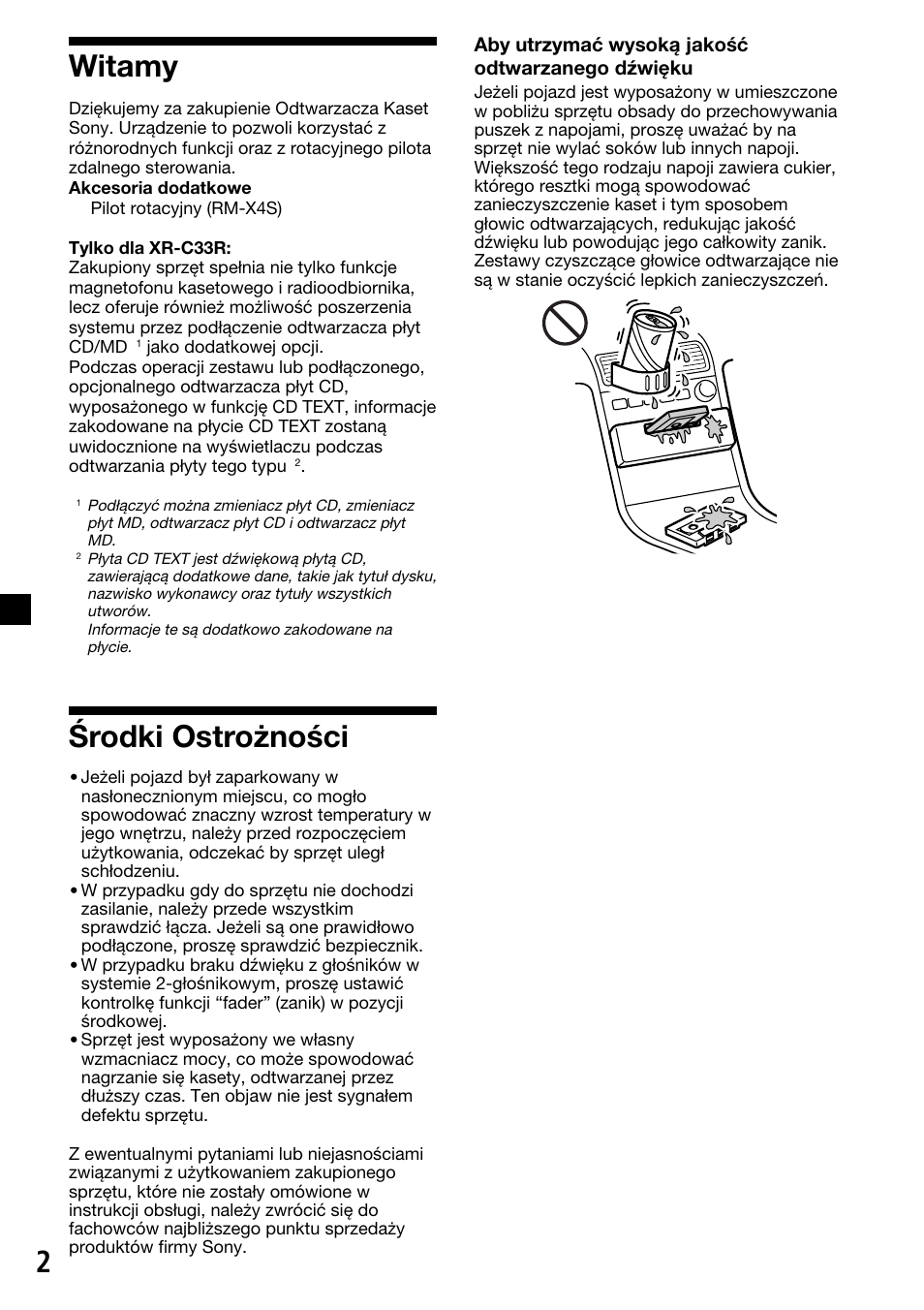Środki ostrożności, Witamy | Sony XR-C33R User Manual | Page 54 / 132