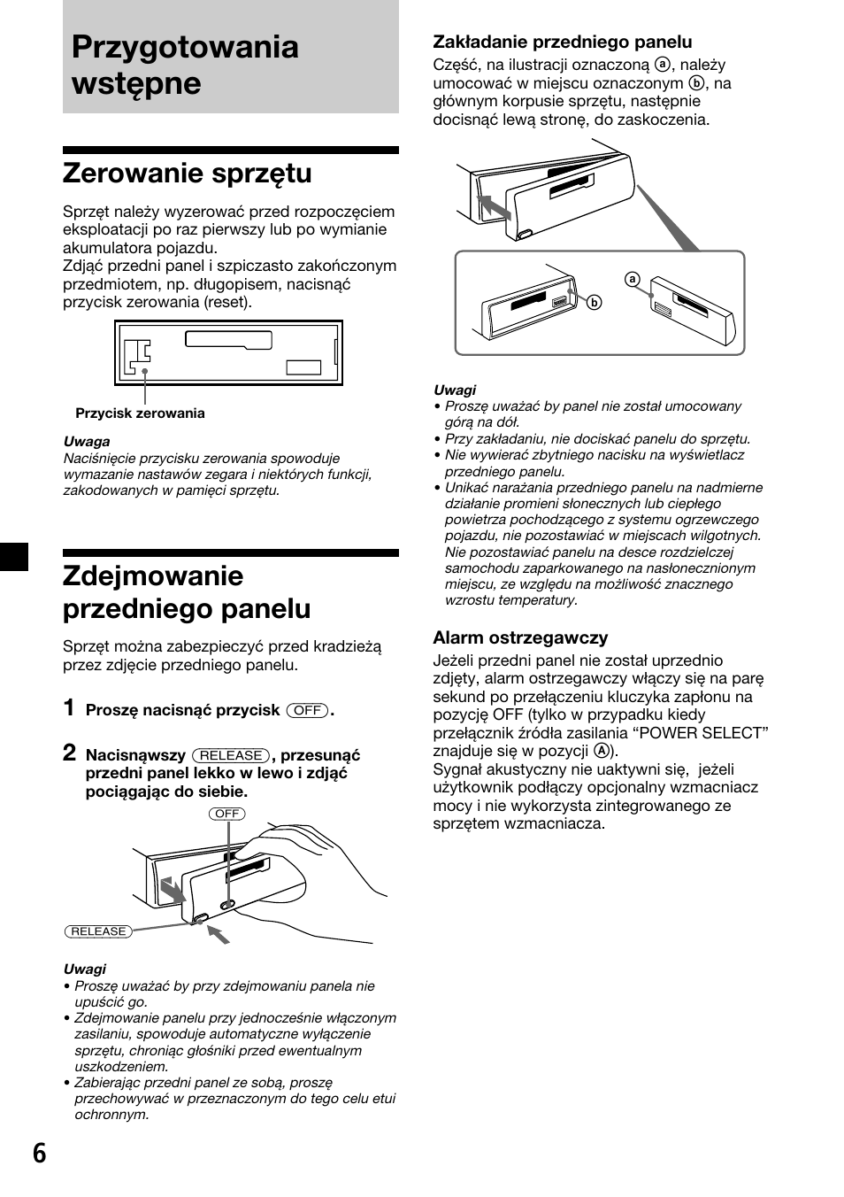 Przygotowania wstępne, Zerowanie sprzętu, Zdejmowanie przedniego panelu | Sony XR-C33R User Manual | Page 58 / 132