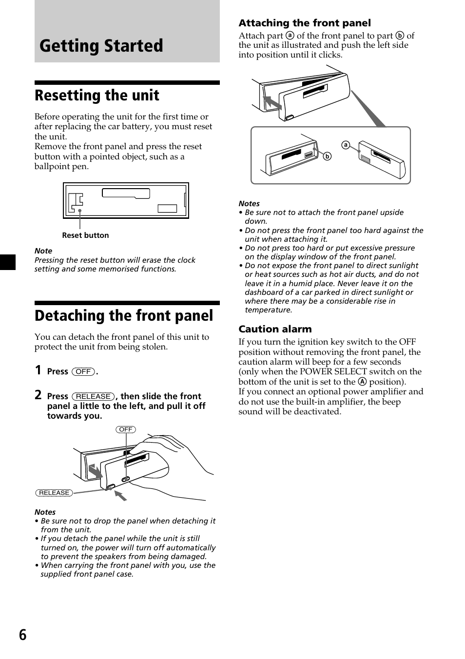 Getting started, Resetting the unit, Detaching the front panel | Sony XR-C33R User Manual | Page 6 / 132