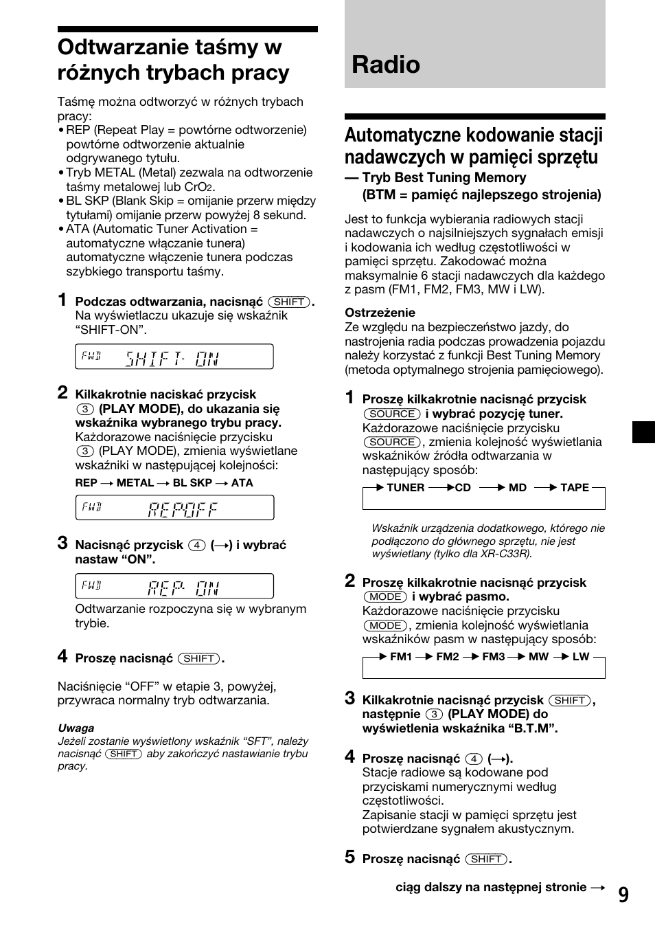 Radio, 9odtwarzanie taśmy w różnych trybach pracy | Sony XR-C33R User Manual | Page 61 / 132