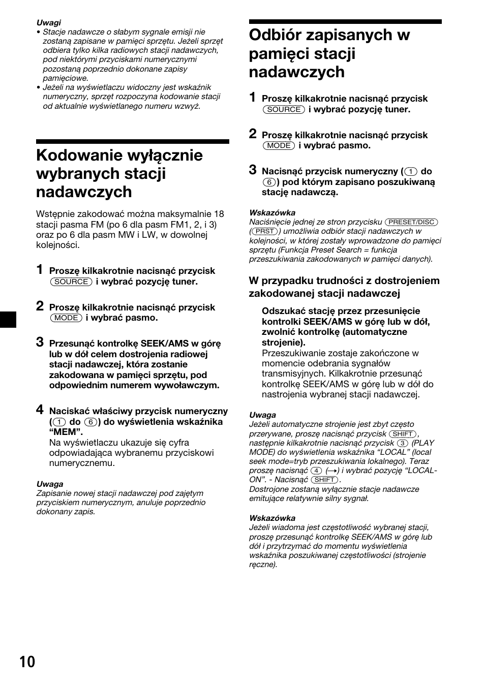 Kodowanie wyłącznie wybranych stacji nadawczych, Odbiór zapisanych w pamięci stacji nadawczych | Sony XR-C33R User Manual | Page 62 / 132