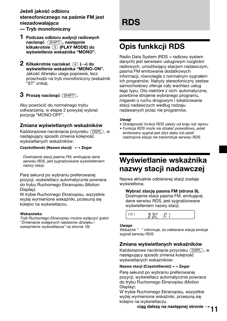 Opis funkkcji rds, Wyświetlanie wskaźnika nazwy stacji nadawczej | Sony XR-C33R User Manual | Page 63 / 132