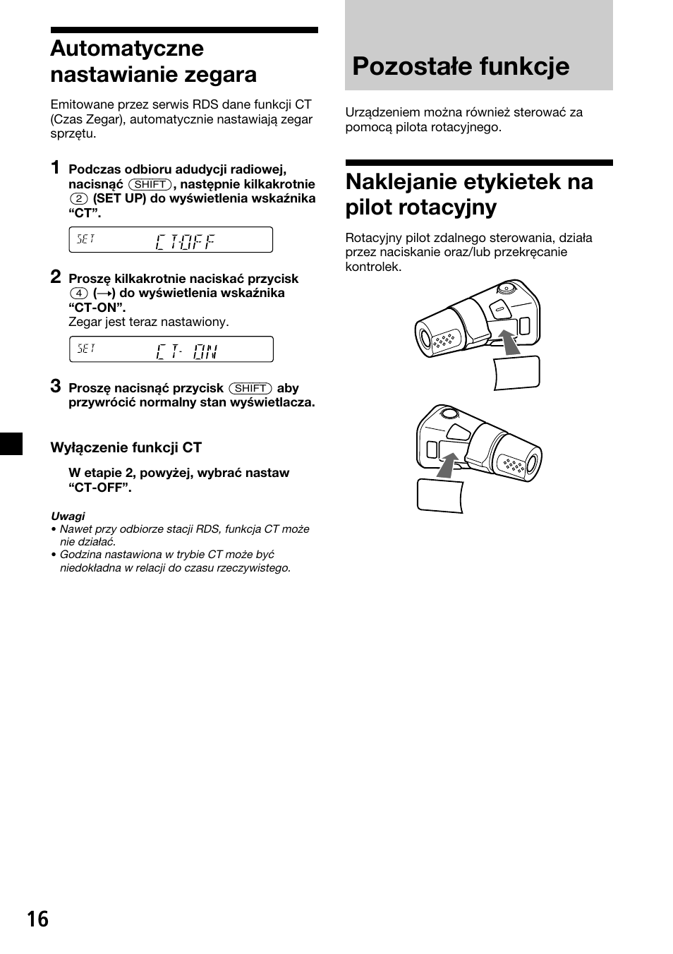 Pozostałe funkcje, Naklejanie etykietek na pilot rotacyjny, Automatyczne nastawianie zegara | Sony XR-C33R User Manual | Page 68 / 132