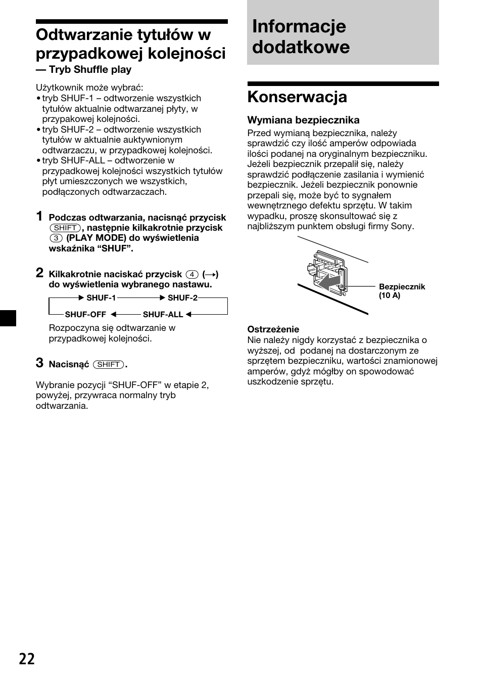 Informacje dodatkowe, 22 odtwarzanie tytułów w przypadkowej kolejności, Konserwacja | Sony XR-C33R User Manual | Page 74 / 132