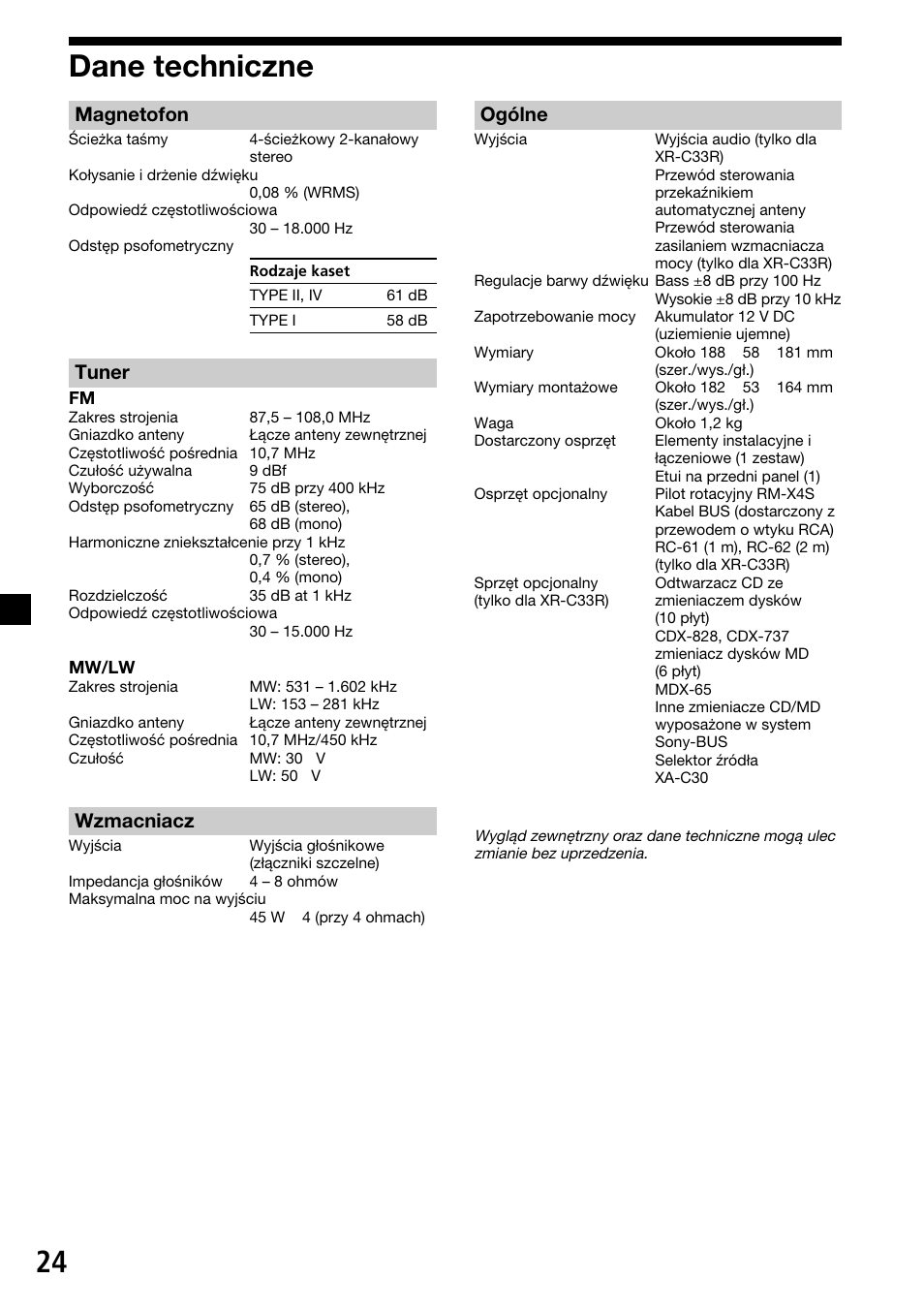 24 dane techniczne, Magnetofon, Tuner | Wzmacniacz, Ogólne | Sony XR-C33R User Manual | Page 76 / 132