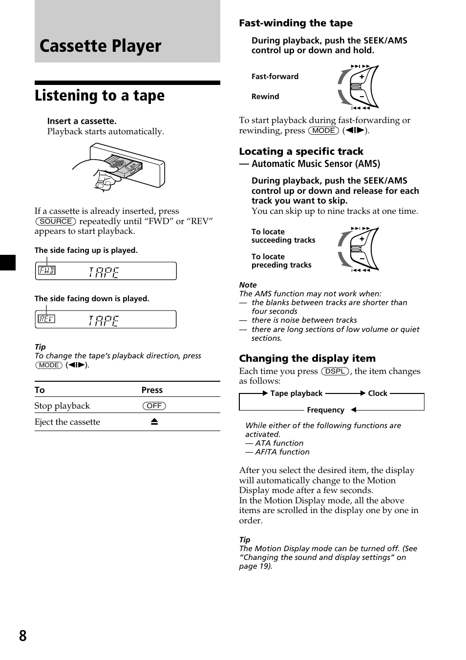 Cassette player, Listening to a tape | Sony XR-C33R User Manual | Page 8 / 132