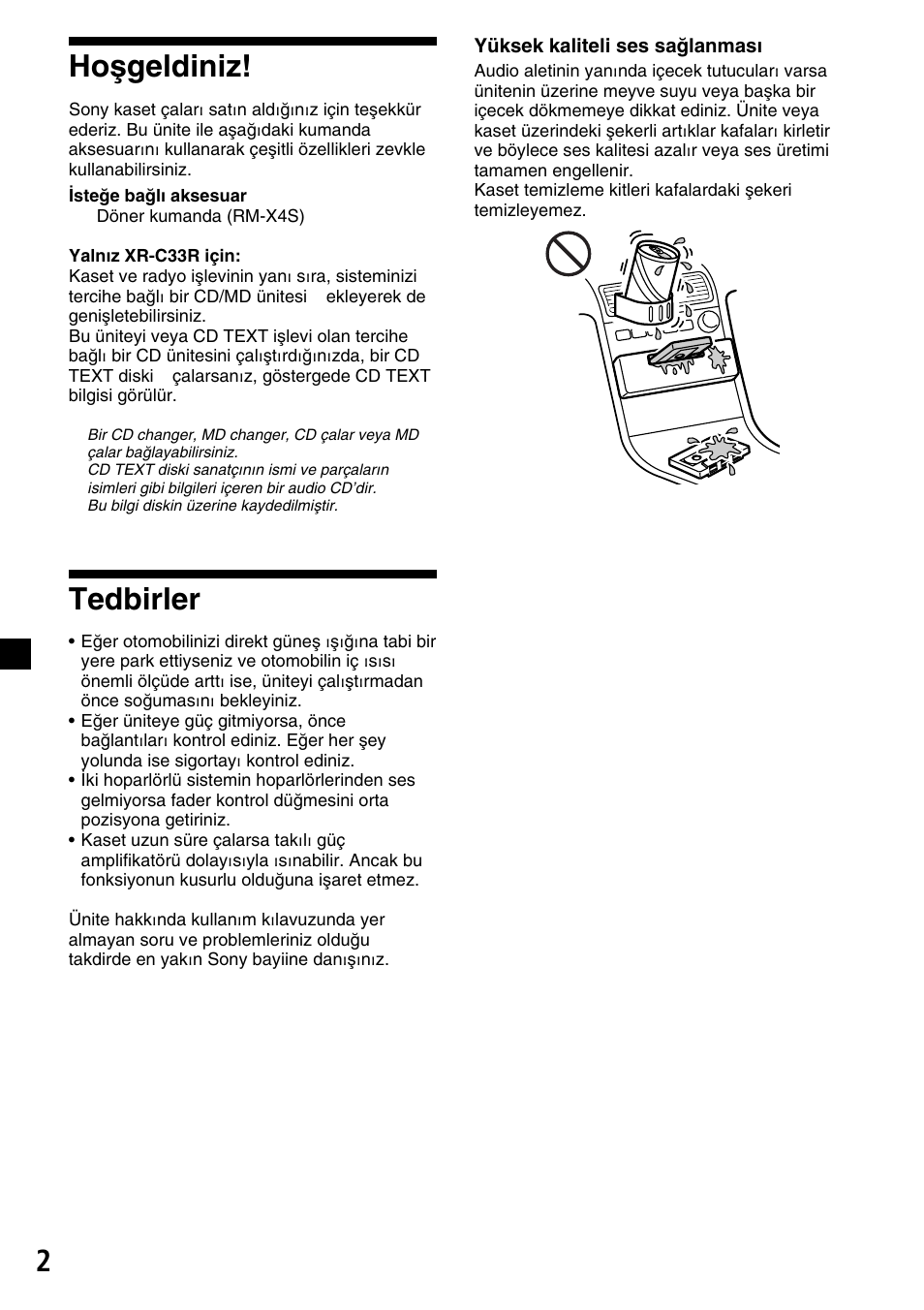 2hoşgeldiniz, Tedbirler | Sony XR-C33R User Manual | Page 80 / 132