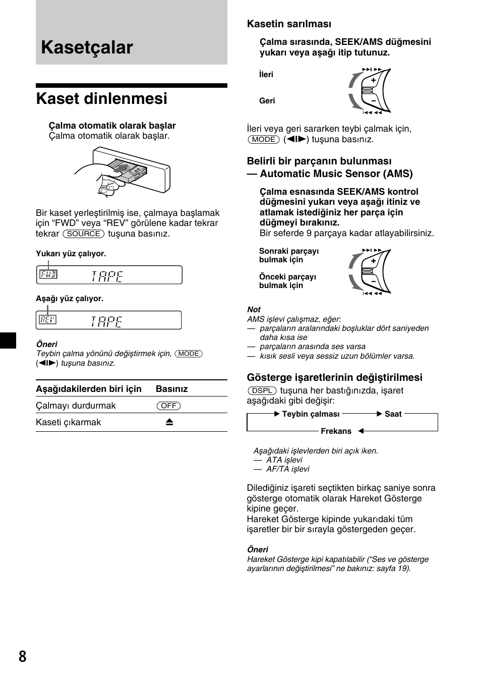 Kasetçalar, Kaset dinlenmesi | Sony XR-C33R User Manual | Page 86 / 132