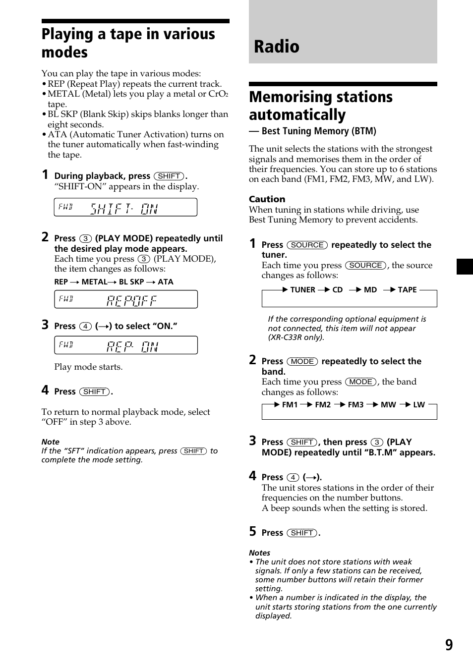 Radio, 9playing a tape in various modes | Sony XR-C33R User Manual | Page 9 / 132