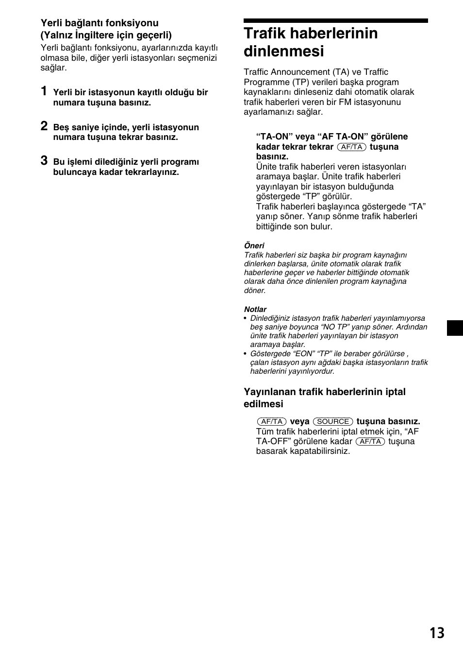 Trafik haberlerinin dinlenmesi | Sony XR-C33R User Manual | Page 91 / 132