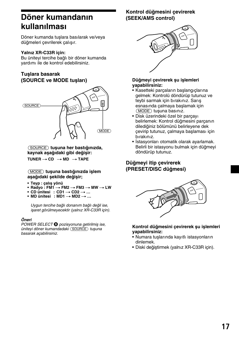 17 döner kumandanın kullanılması | Sony XR-C33R User Manual | Page 95 / 132