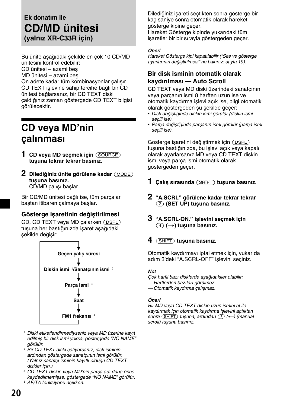 Cd/md ünitesi, Cd veya md’nin çalınması, Yalnız xr-c33r için) | Sony XR-C33R User Manual | Page 98 / 132