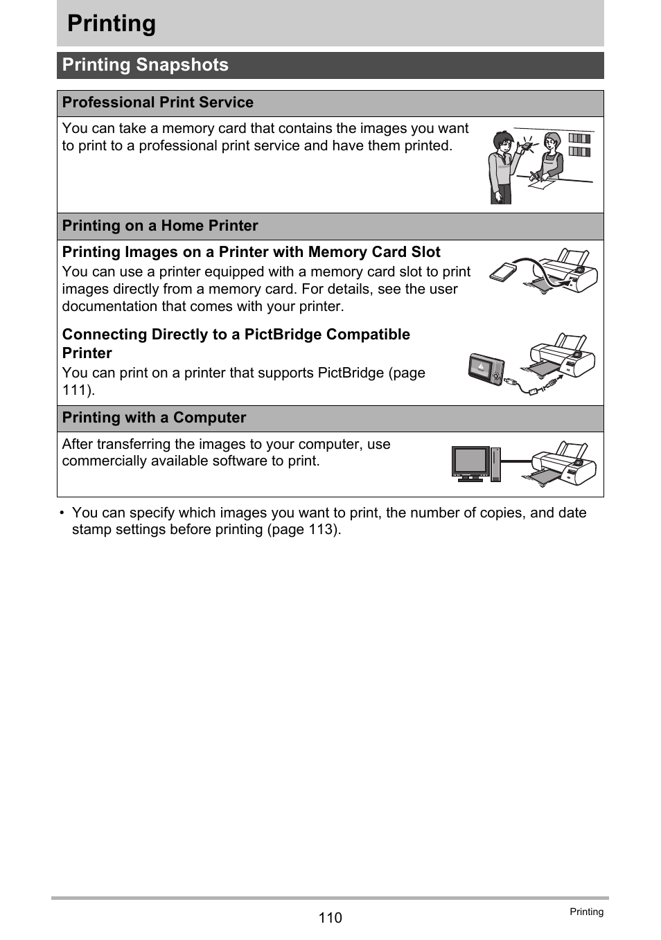 Printing, Printing snapshots | Casio EX-Z2300 User Manual | Page 110 / 191