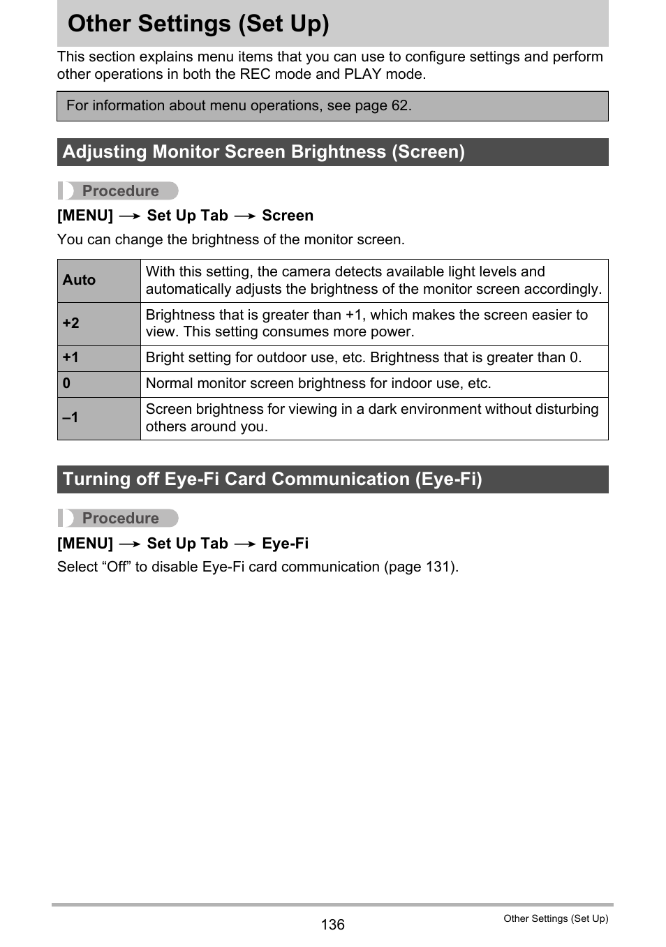 Other settings (set up), Adjusting monitor screen brightness (screen), Turning off eye-fi card communication (eye-fi) | Other settings, Set up) 136 | Casio EX-Z2300 User Manual | Page 136 / 191