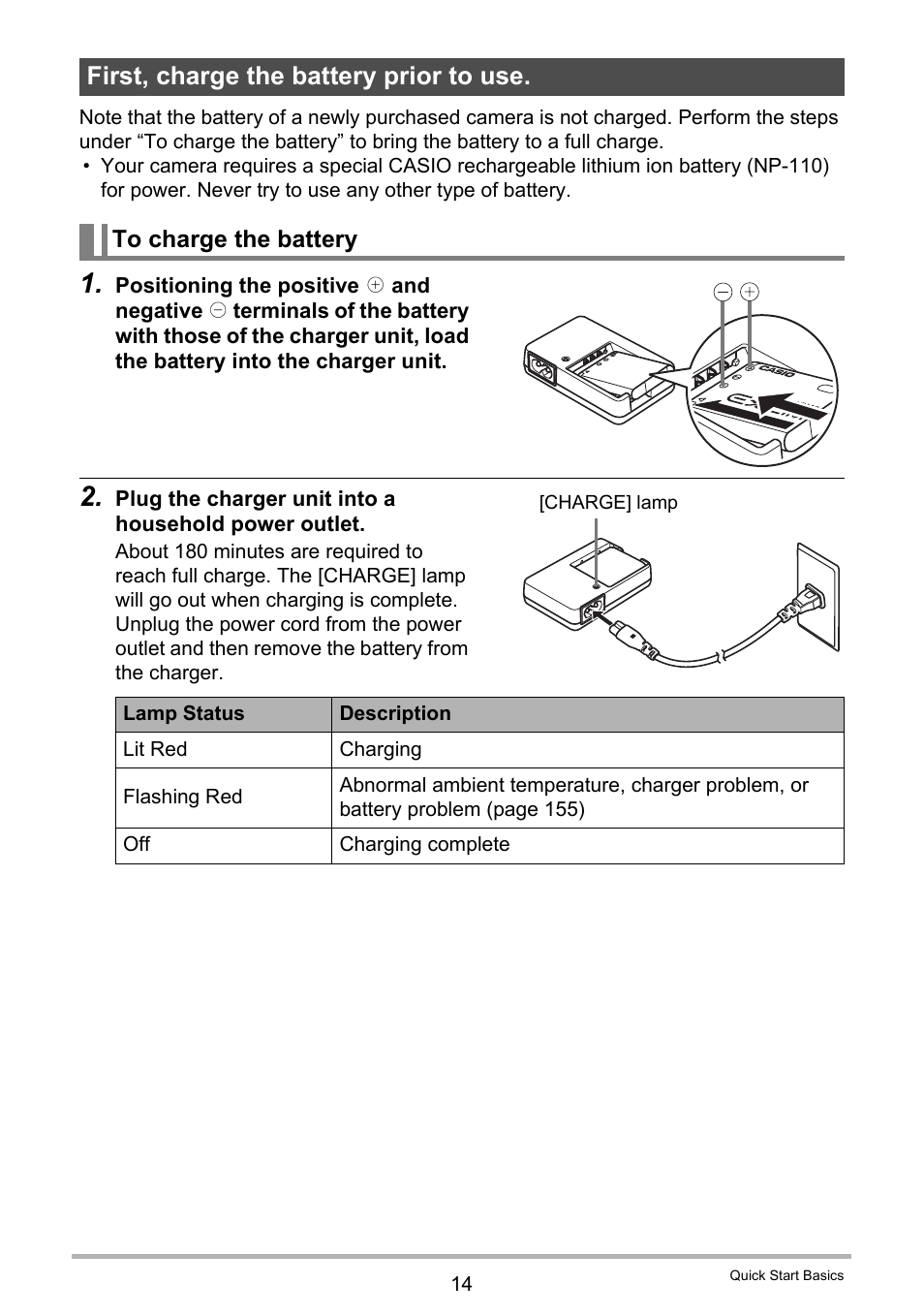 First, charge the battery prior to use, To charge the battery | Casio EX-Z2300 User Manual | Page 14 / 191