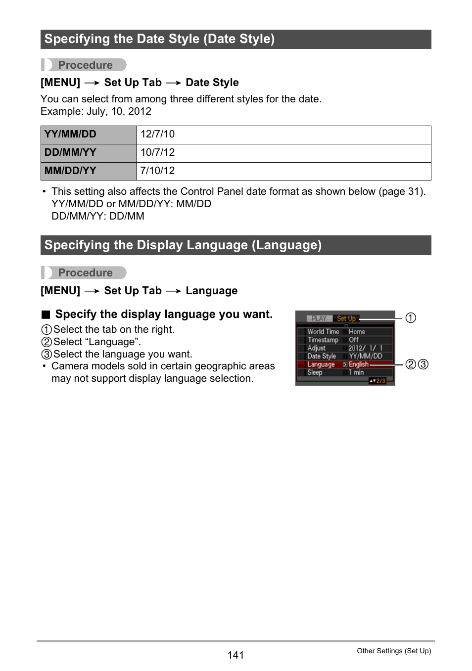 Specifying the date style (date style), Specifying the display language (language) | Casio EX-Z2300 User Manual | Page 141 / 191