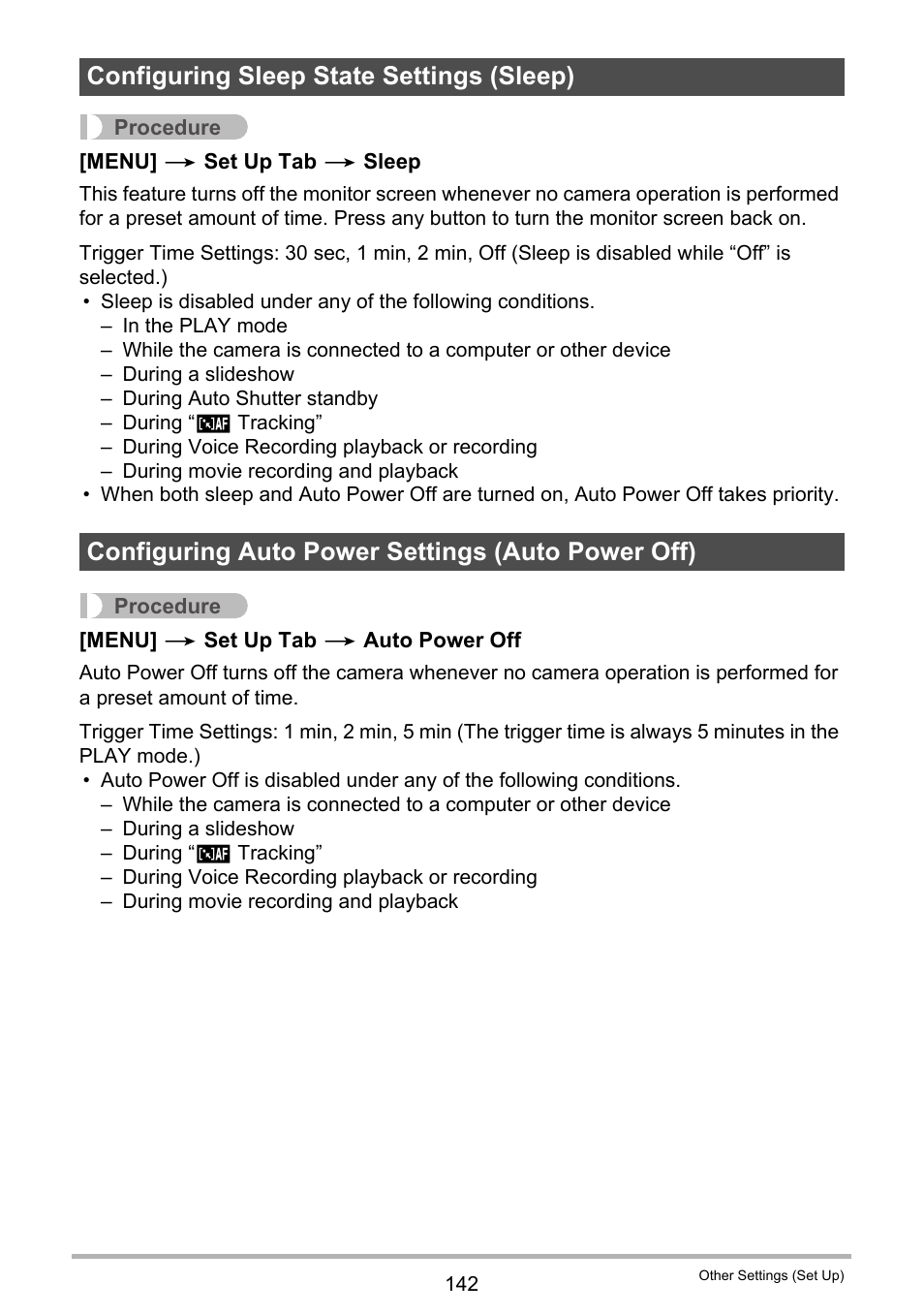 Configuring sleep state settings (sleep), Configuring auto power settings (auto power off), Ge 142) | Casio EX-Z2300 User Manual | Page 142 / 191