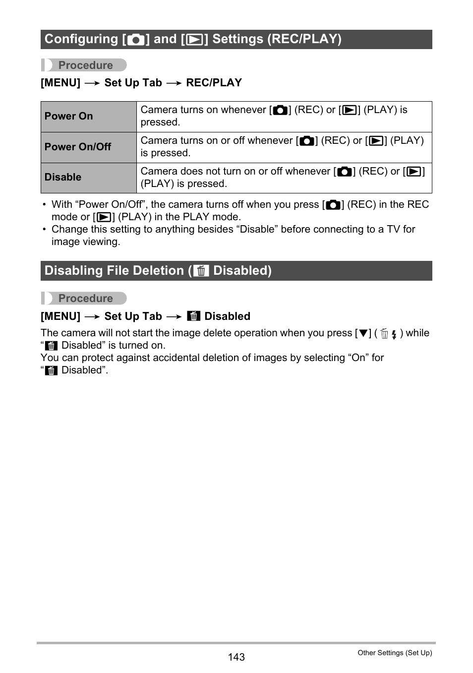 Configuring [_] and [>] settings (rec/play), Disabling file deletion (_ disabled), Configuring [ r ] and [ p ] settings (rec/play) | Disabling file deletion ( ü, Disabled) | Casio EX-Z2300 User Manual | Page 143 / 191