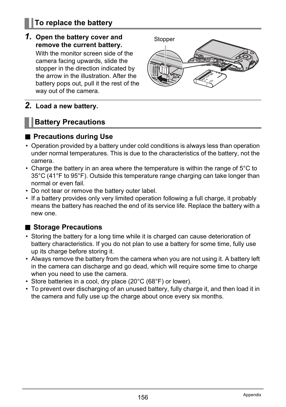 To replace the battery, Battery precautions | Casio EX-Z2300 User Manual | Page 156 / 191