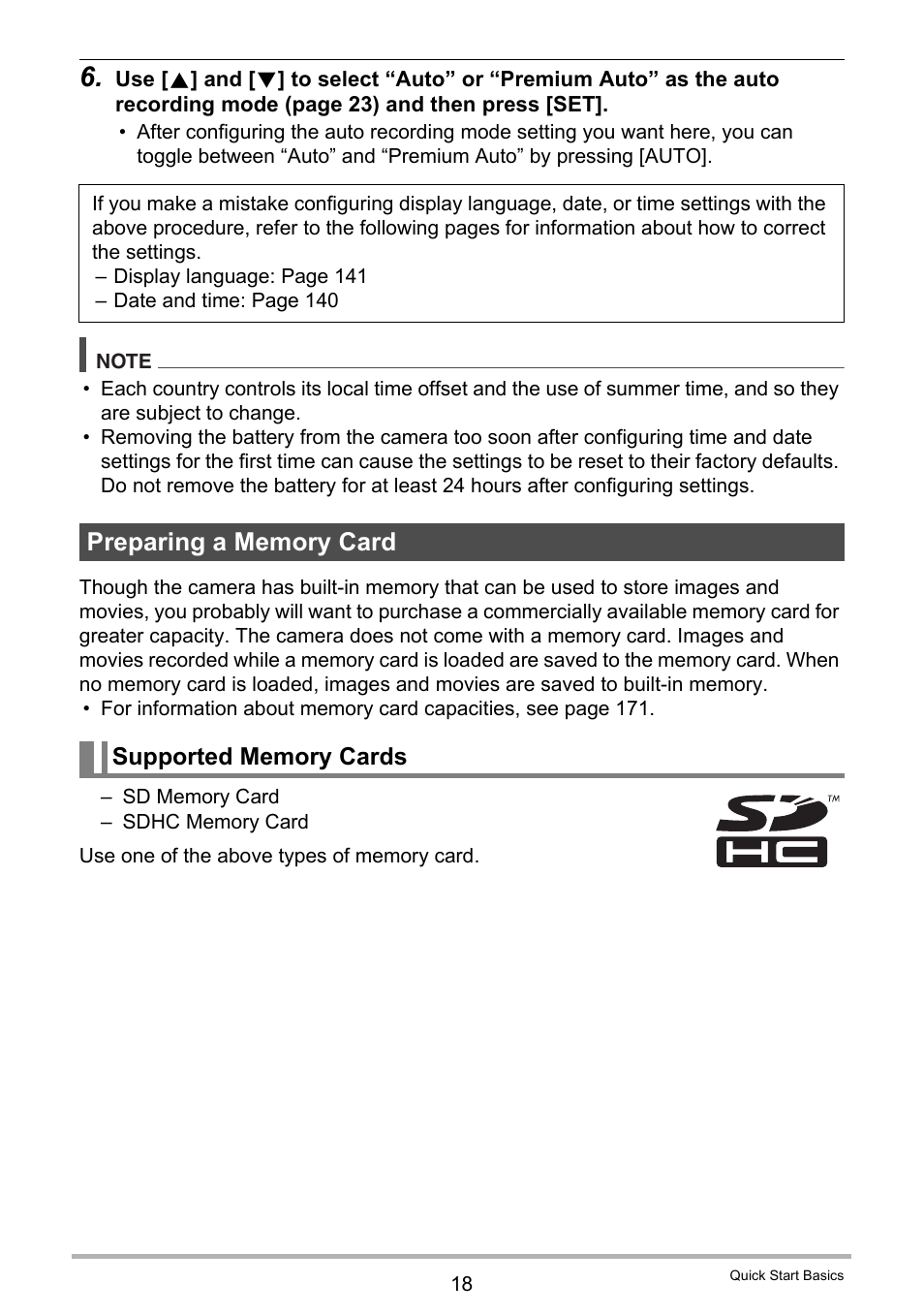 Preparing a memory card, Supported memory cards | Casio EX-Z2300 User Manual | Page 18 / 191