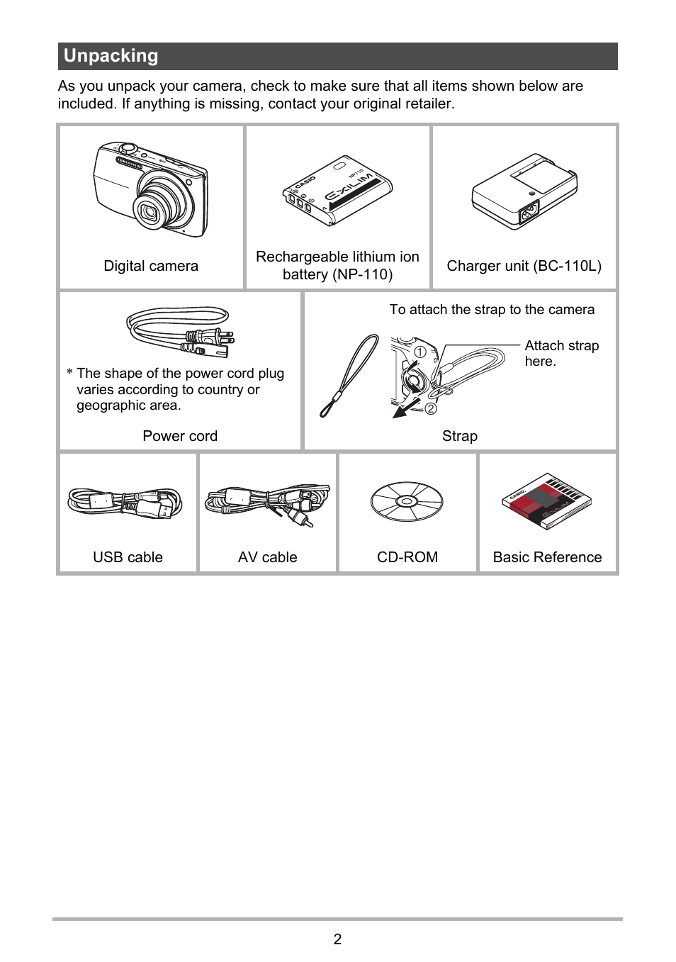 Unpacking | Casio EX-Z2300 User Manual | Page 2 / 191