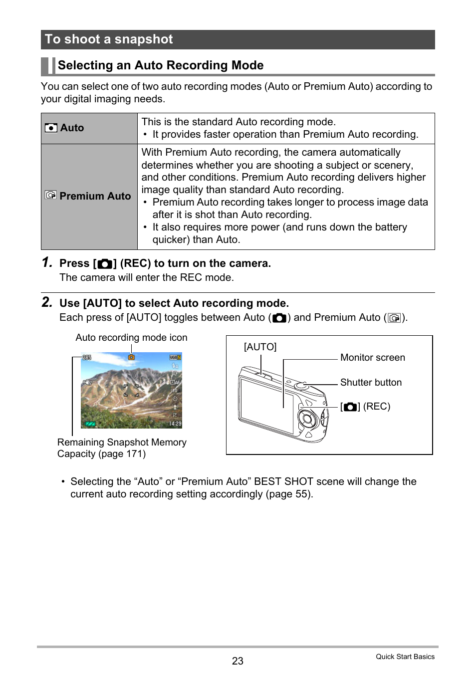 To shoot a snapshot, Selecting an auto recording mode, 23) and | E 23 | Casio EX-Z2300 User Manual | Page 23 / 191