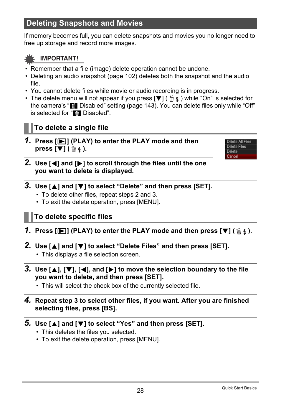 Deleting snapshots and movies, To delete a single file, To delete specific files | Casio EX-Z2300 User Manual | Page 28 / 191