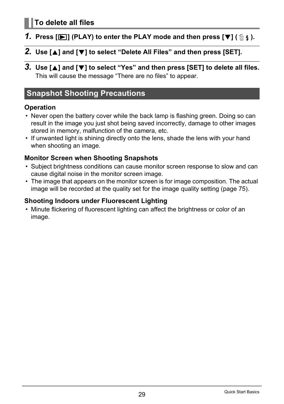 To delete all files, Snapshot shooting precautions | Casio EX-Z2300 User Manual | Page 29 / 191